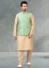 Pista Green Colour Latest Party Wear Jacquard Banarasi Silk Digital Print Kurta Pajama With Jacket Mens Collection 1042